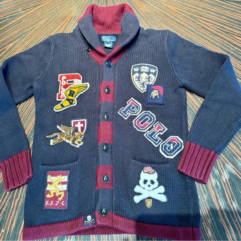Polo Ralph Lauren Vintage Navy Wine Crest Rugby Varsity Cardigan Letterman Sz S
